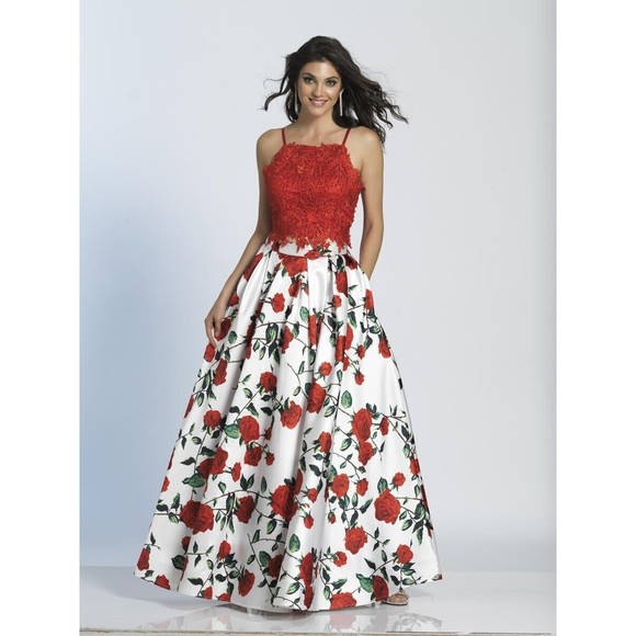 NWT Dave & Johnny 5265 Red White Floral Print Lace Ball Gown 2 Piece Prom Sz 3/4 - Picture 1 of 3